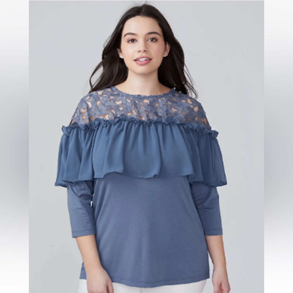 Beautiful Lane Bryant top New with tags 14/16 blue with crochet lace and flowy